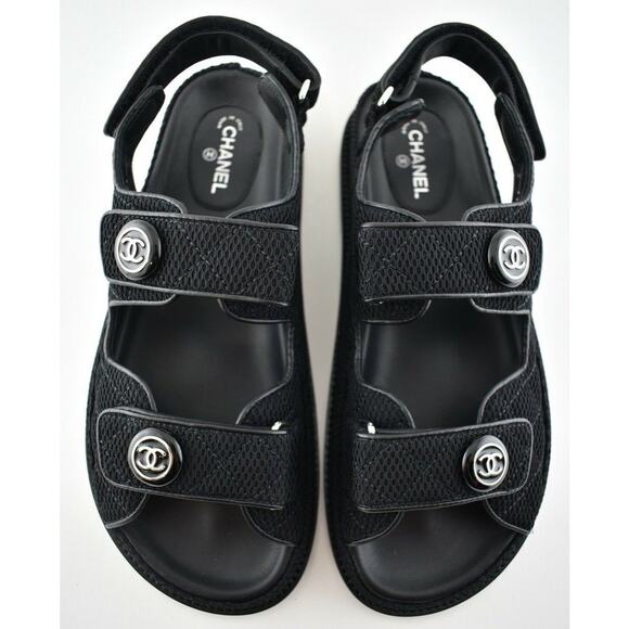 Chanel 21C Black Fabric Silver Logo Mule Slide Strap Flat Teva Dad Sandal 39.5 - Picture 1 of 11